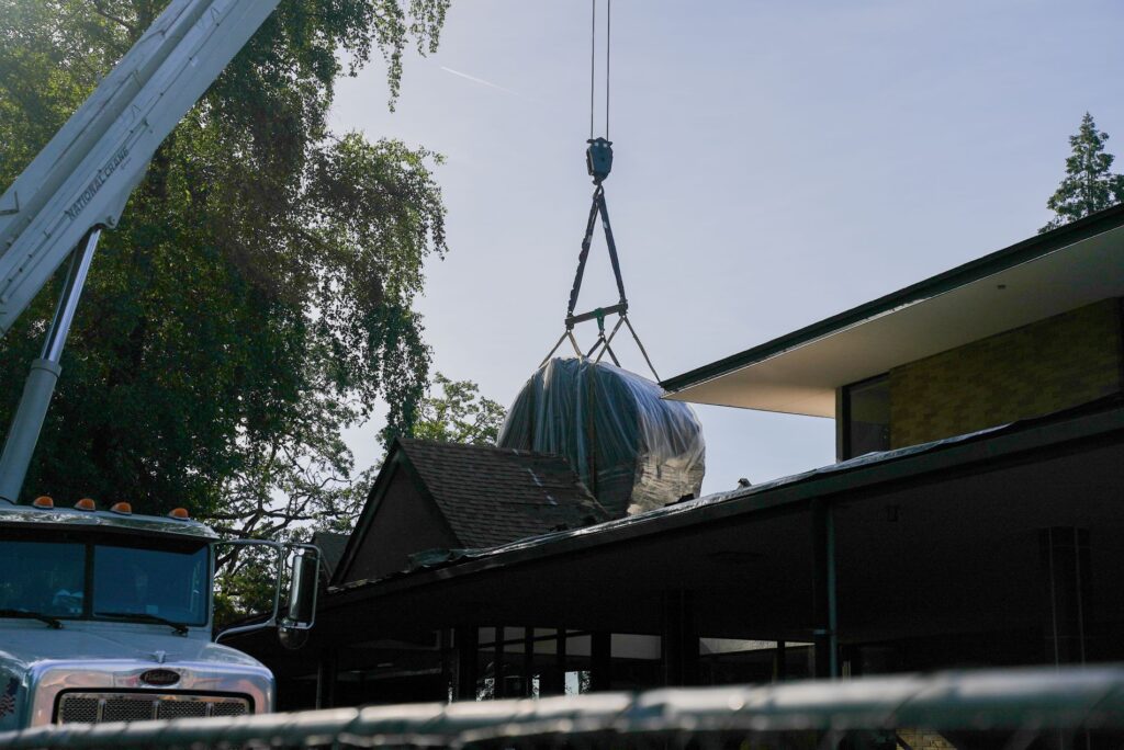 The Big One, a large Douglas fir round, is lifted by a crane out of the roof of the old Lakewood library building on June 13, 2024.