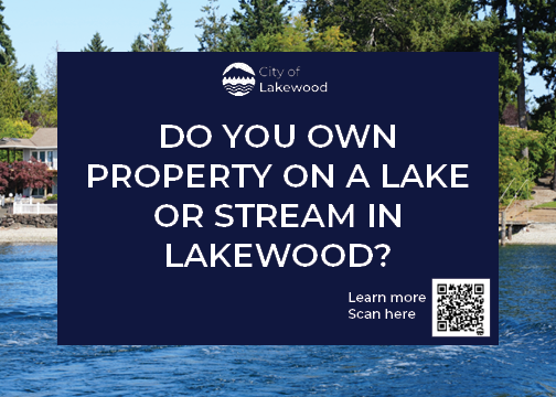 Postcard mailer that went to homes in June 2024. It says "Do you own property on a lake or stream in Lakewood?"