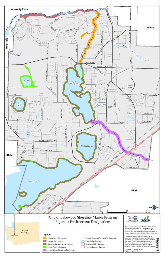 A map showing the City of Lakewood, WA's shorelines as identified in its adopted Shoreline Master Program. The map includes different colors along certain shorelines to identify the environmental designations.