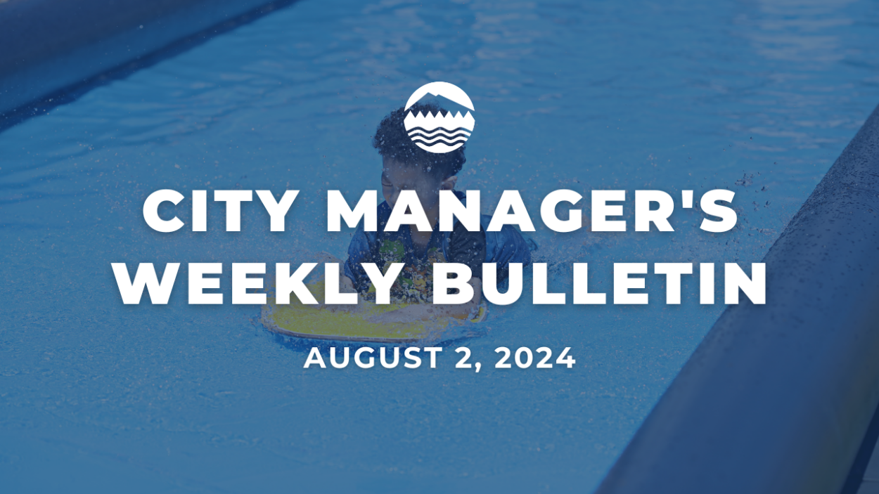 Lakewood City Manager's Bulletin Aug. 2, 2024 white text over an image of a child splashing in water