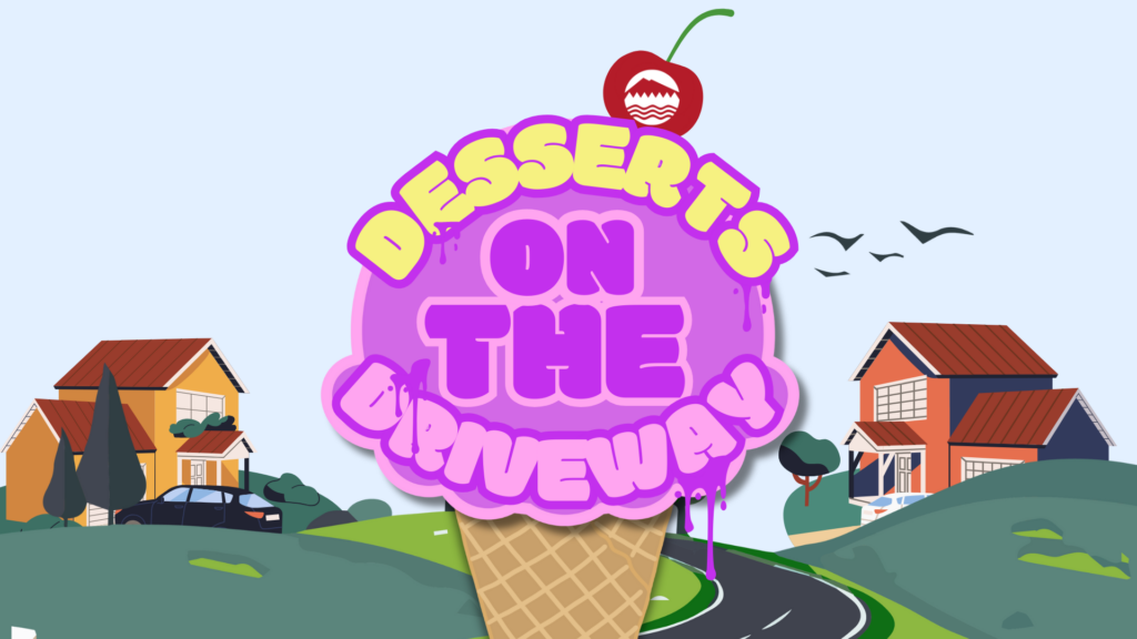 A graphic that is an ice cream cone with the words Desserts on the Driveway and a cherry on top with the City of Lakewood logo on top.