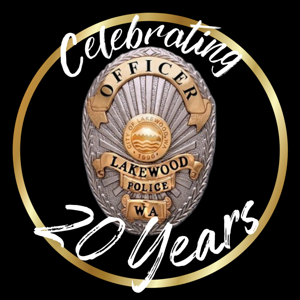 An image of the Lakewood Police patch with "celebrating 20 years" around it