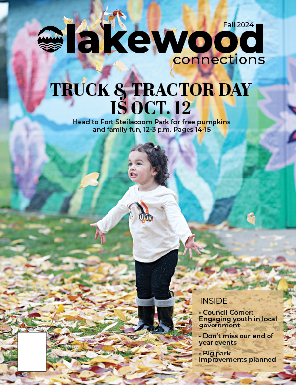 Cover of the Fall 2024 Lakewood Connections Magazine with a young child throwing leaves into the air.