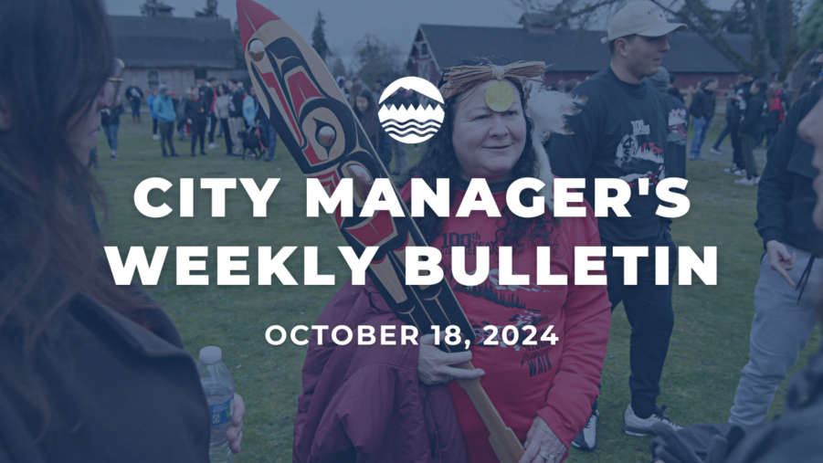 City of Lakewood Manager's Bulletin Oct. 18, 2024 white text over an image of a Nisqually woman in a red shirt holding a Native Artwork Paddle