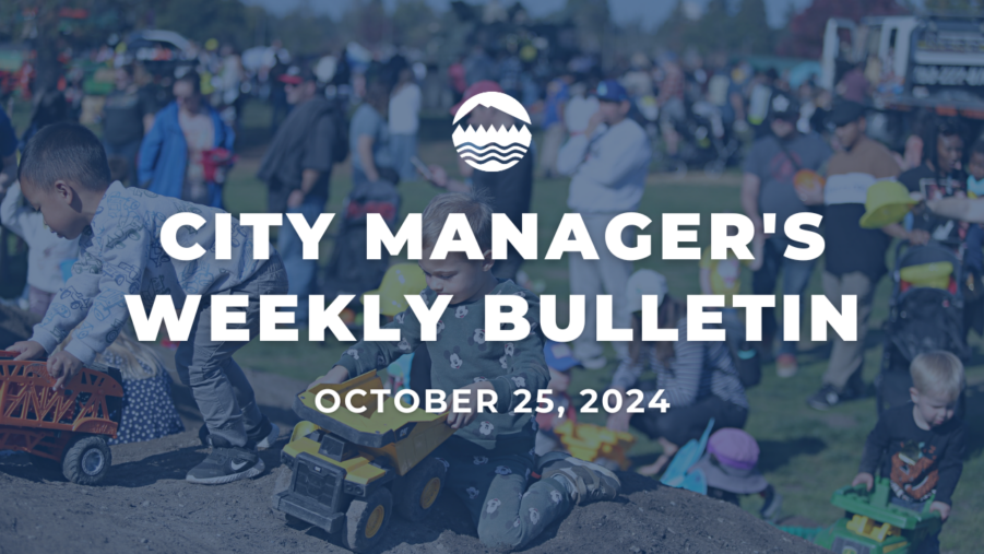 White text reads City Manager's Weekly Budget Oct. 25, 2024 over an image of children playing with trucks in the dirt at a City of Lakewood event.