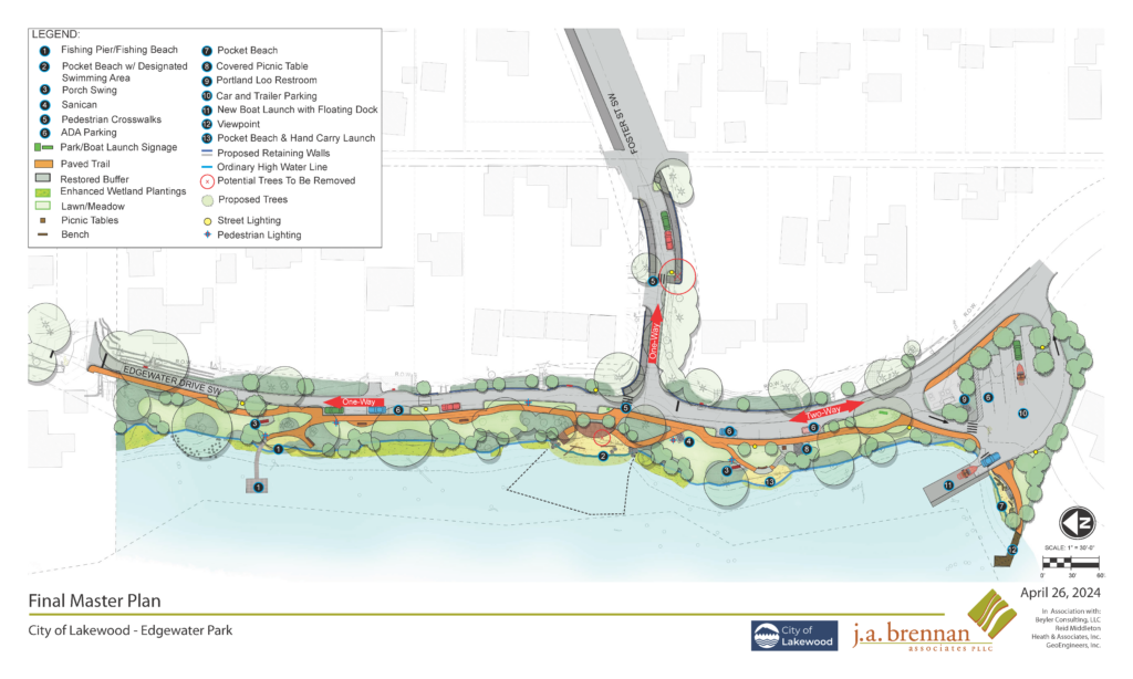 A design schematic drawing showing the adopted Edgewater Park Master Plan and how the park will be developed over time.