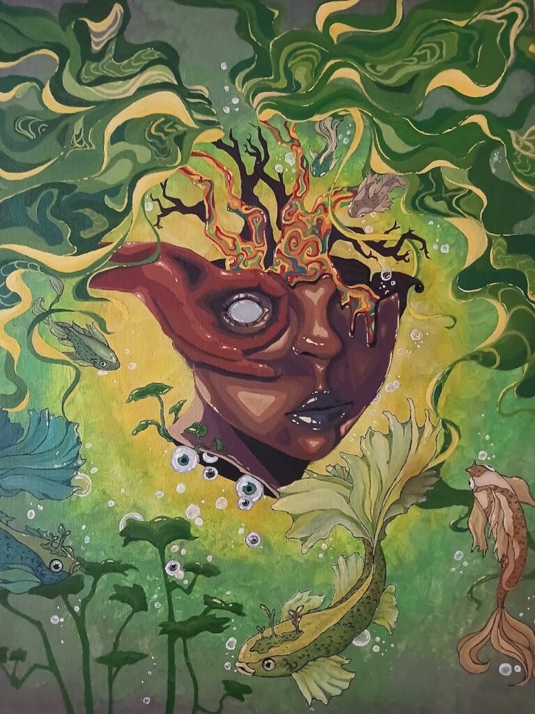 Artwork from a Pierce College student featured in the Oct. 21, 2024 artist reception. Painting depicts a person's face with trees flowing from the top and fish swimming around the chin.