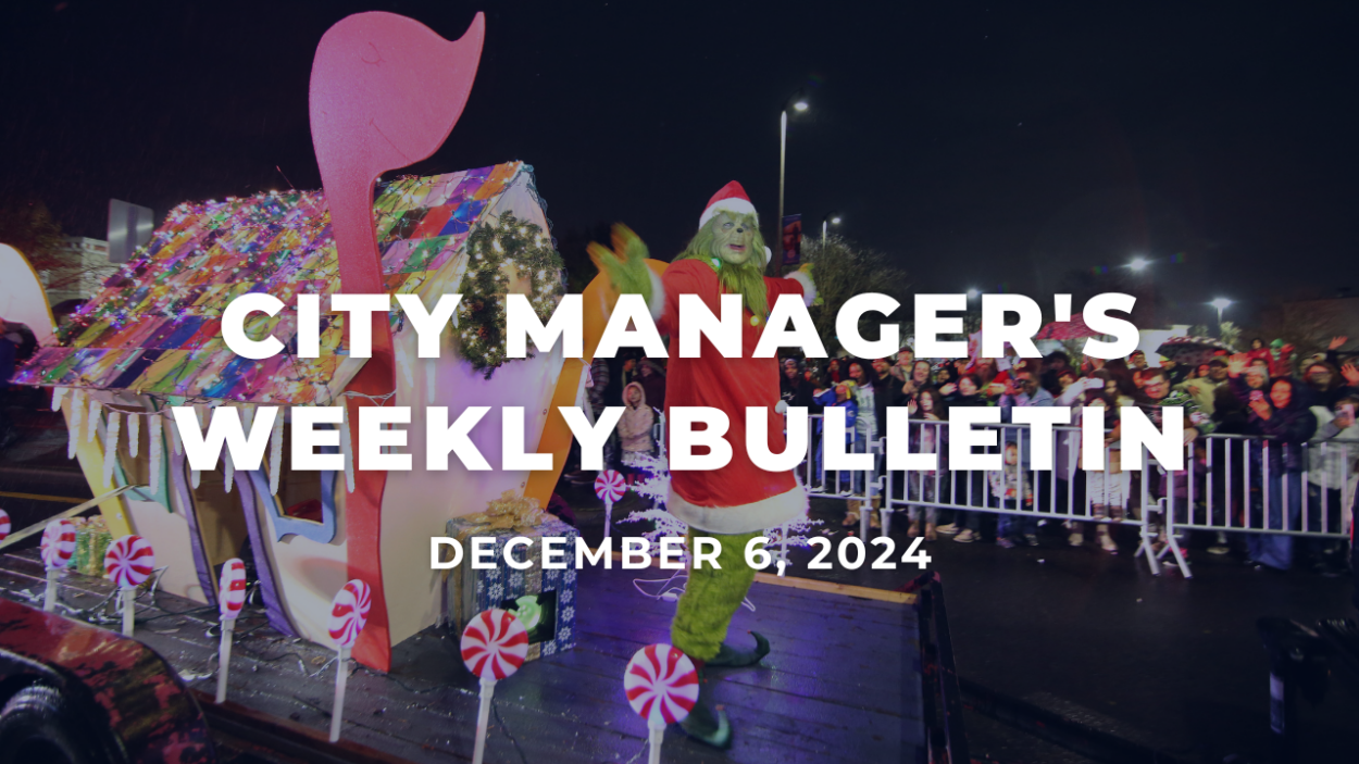 City Manager's Weekly Bulletin Dec. 6, 2024 with an image of the Grinch on a float in a parade.