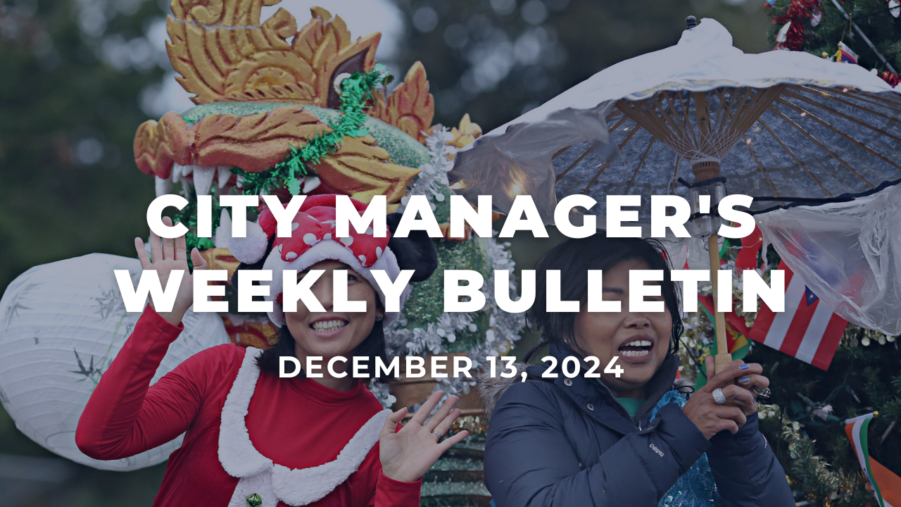 City Manager's Weekly Bulletin Dec. 13, 2024 with two women smiling and waving at the camera.