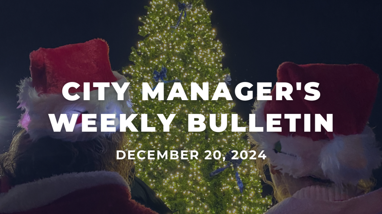 City Manager's weekly bulletin Dec. 20, 2024 two people in Santa hats look up at a lit Christmas tree.