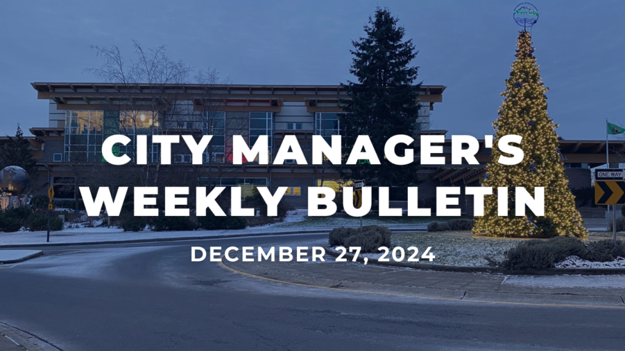 City Manager's Weekly Bulletin Dec. 27, 2024 a shot of Lakewood City Hall with the lit Christmas tree and snow on the ground.