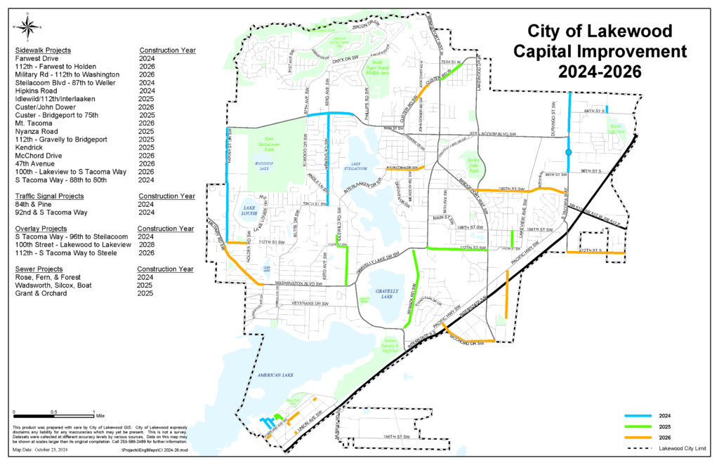 Image depicting a map of Lakewood's streets titled "City of Lakewood Capital Improvement 2024-2025." On the let side, it lists sidewalk projects, traffic signal projects, overlay projects and sewer projects.