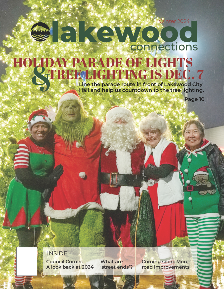 Cover image of the Lakewood Connections Winter 2024. Five people stand arm in arm dressed as holiday themed characters including two elves, the Grinch and Santa and Mrs. Claus. They stand in front of a large, lit tree.