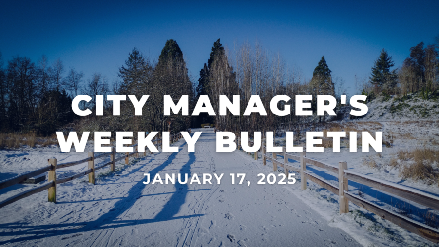 A picture of a path covered in snow with blue skies and fence posts. White text over the image reads City Manager's Weekly Bulletin January 17, 2025.