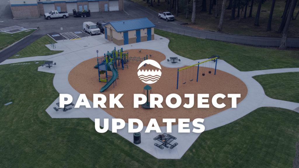 An overhead shot of Harry Todd Park in Lakewood showing the newly installed playground. White text over the image reads Park Project Updates.