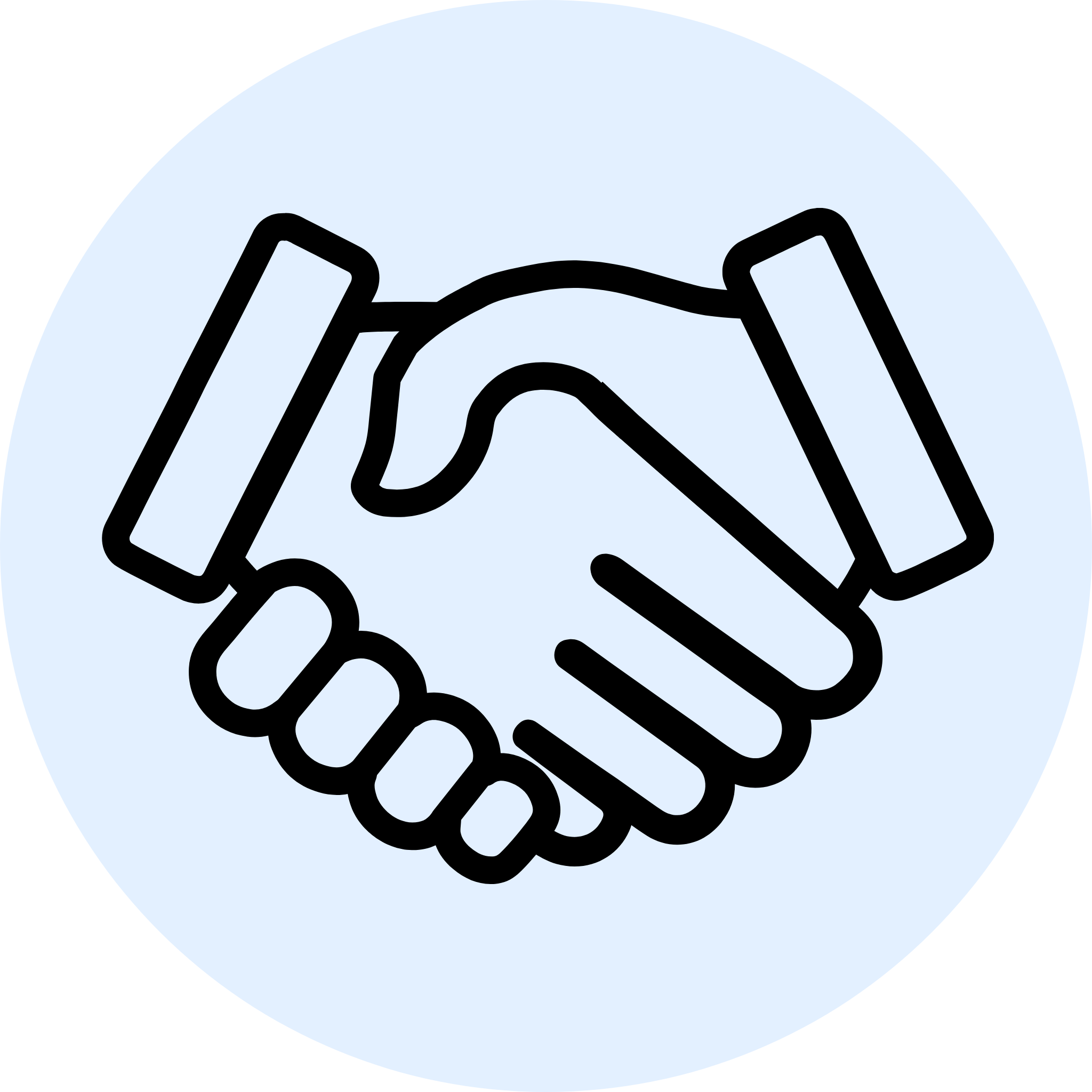 Light blue icon depicting shaking hands. 