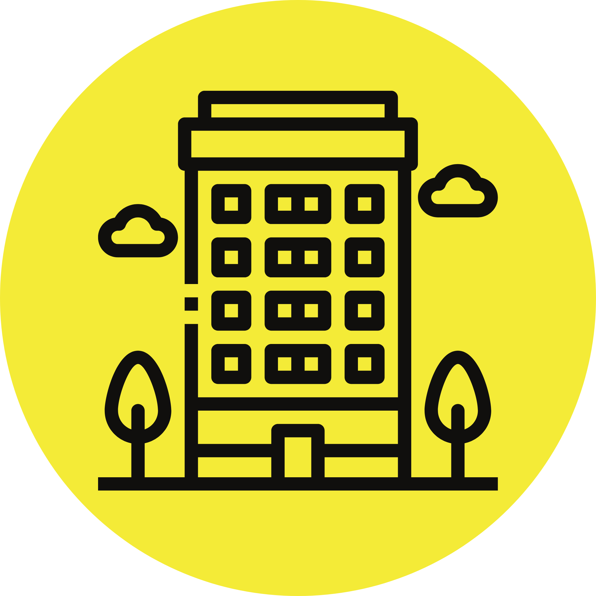 Icon depicting an apartment building with threes on a yellow background.