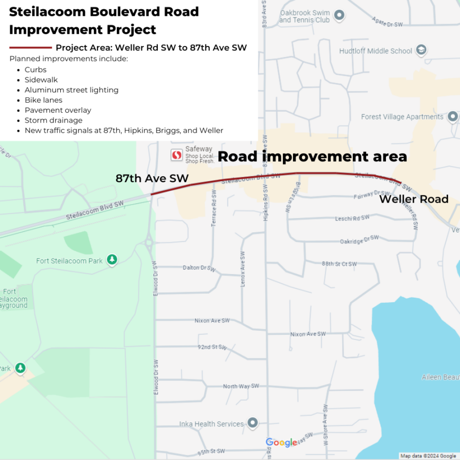 A map that shows the stretch of Steilacoom Boulevard that will be under construction from Weller Road to 87th Avenue in Lakewood.