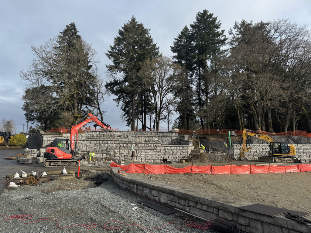 American Lake Park construction project, specifically retaining walls being built. 