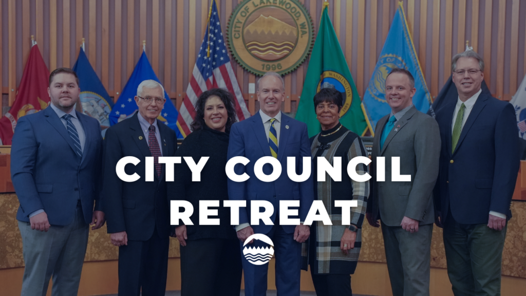 Image of the Lakewood City Council smiling at the camera with white text over it that reads City Council Retreat and the city's logo at the bottom.