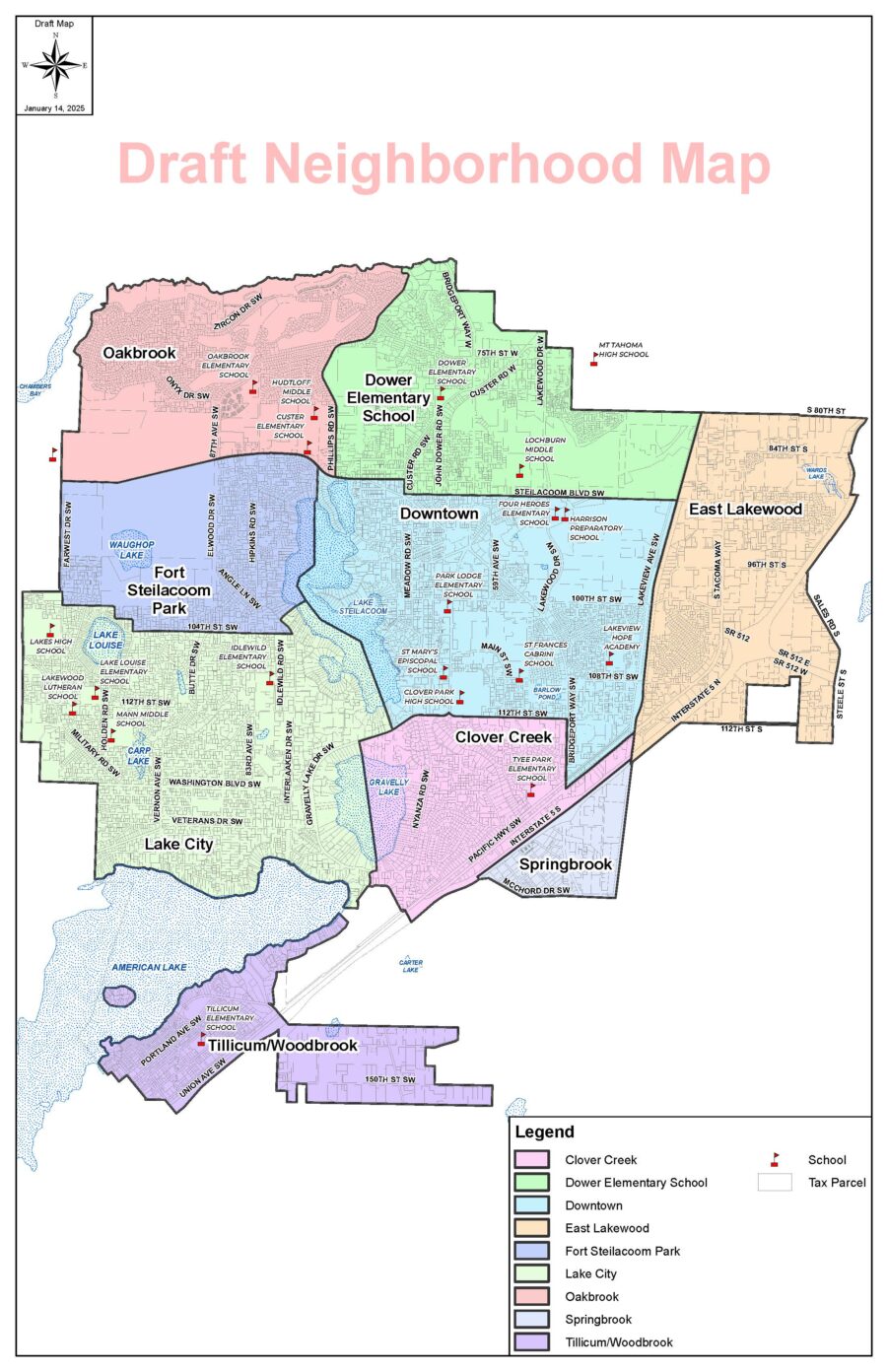 A map of the City of Lakewood with proposed Neighborhood Association boundaries identified to show which areas would belong to which proposed neighborhood association.