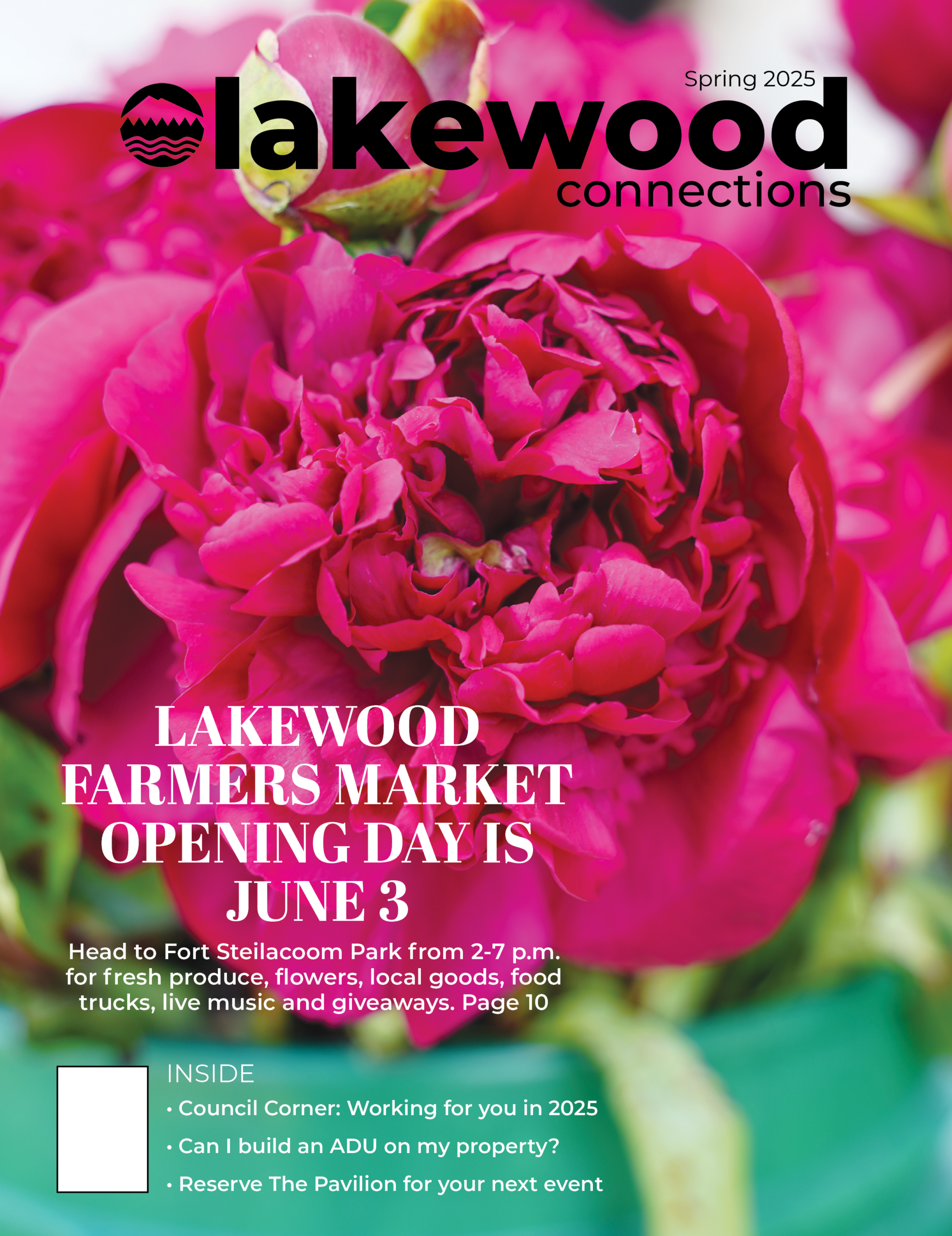 Cover of the Spring 2025 Connections Magazine with a bright magenta pink peony close up. Text on the image shares what's inside the magazine.