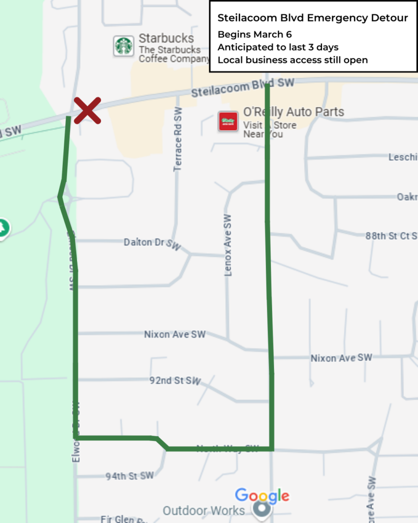 A map showing an emergency detour at 87th Ave and Steilacoom Boulevard for a water main break that occurred on March 6, 2025.