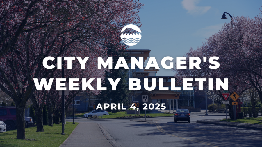 A tree-lined street with spring blossoms and Lakewood City Hall in the background. White text reads City Manager's Weekly Bulletin April 4, 2025