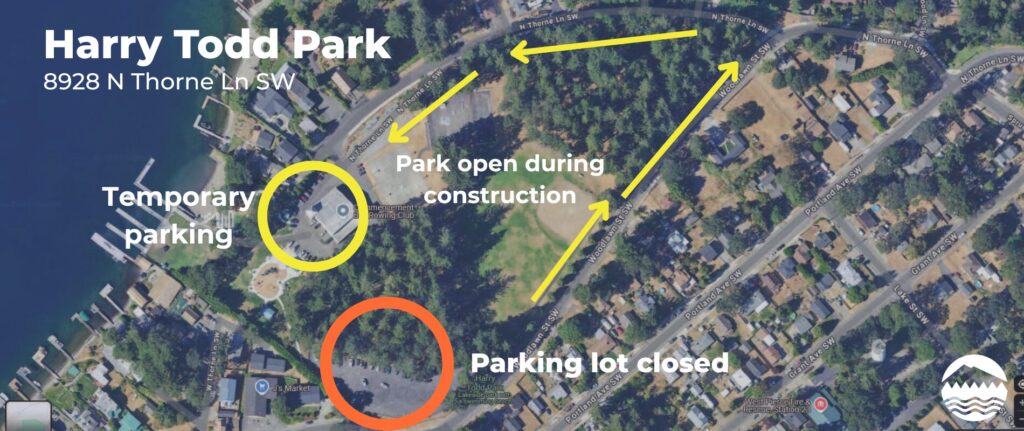 A map showing the closure of a parking lot at Harry Todd Park and the route to the temporary parking lot that will remain open.