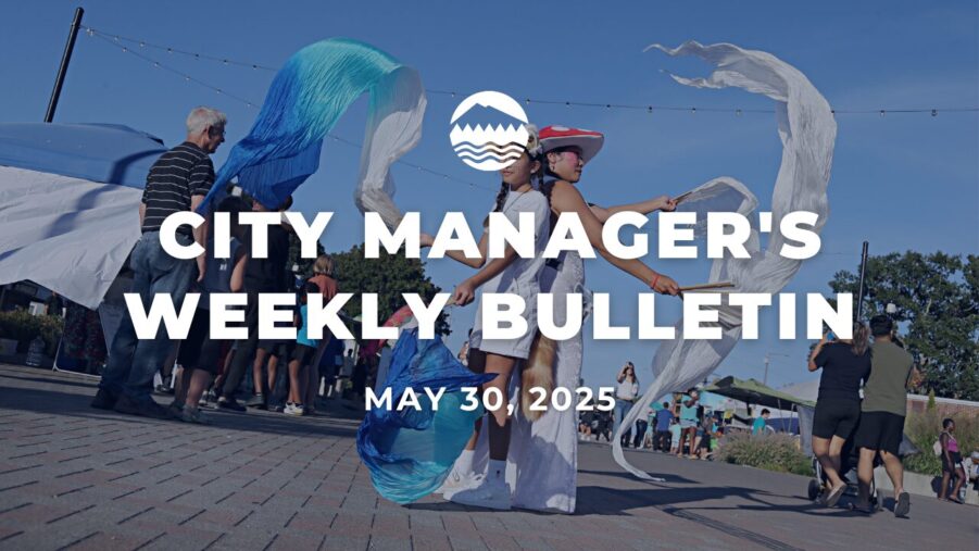 White text reads City Manager's Bulletin May 30, 2025 over an image of two people waving large silk cloth at a city event