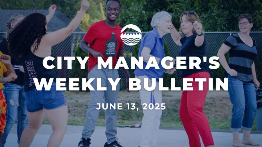 City Manager's Weekly Bulletin June 14, 2025 in white text over an image of people dancing at a summer concert smiling and having fun
