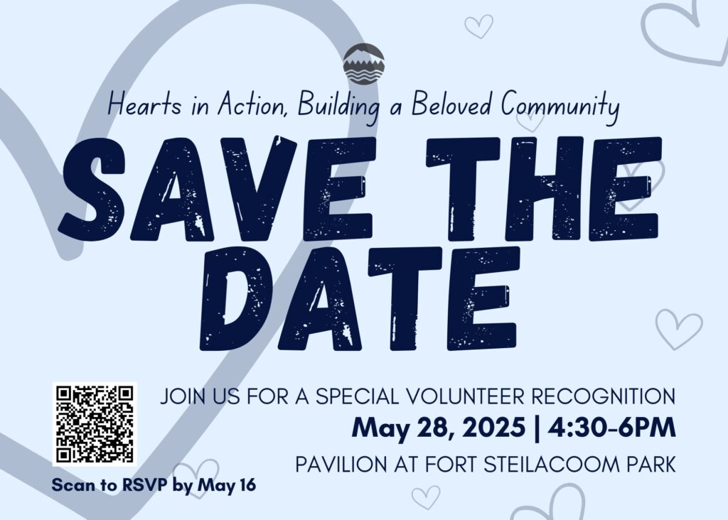 Save the date invitation for the City of Lakewood's volunteer recognition event. It is light blue with hearts in the background. The event is May 28, 2025 from 4:30-6pm at the Pavilion at Fort Steilacoom Park.