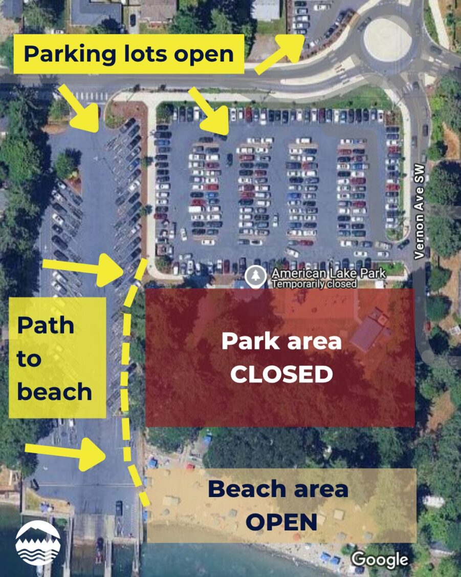 An aerial map of American Lake Park identifying what sections are closed, what is open, parking lots and the walking path to the beach.