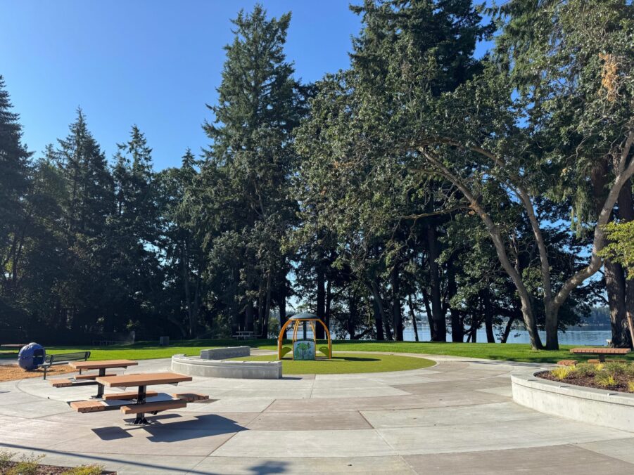 New park picnic tables are seen off to the left, a new paved gathering area is centered and tall evergreen trees are in the background of this image of American Lake Park.