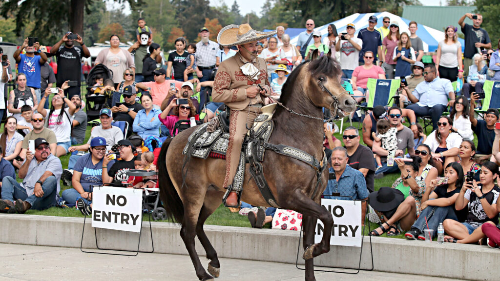 A person rides a horse during a performance on the paver area of The Pavilion at Fort Steilacoom Park while people sit on the grass watching.