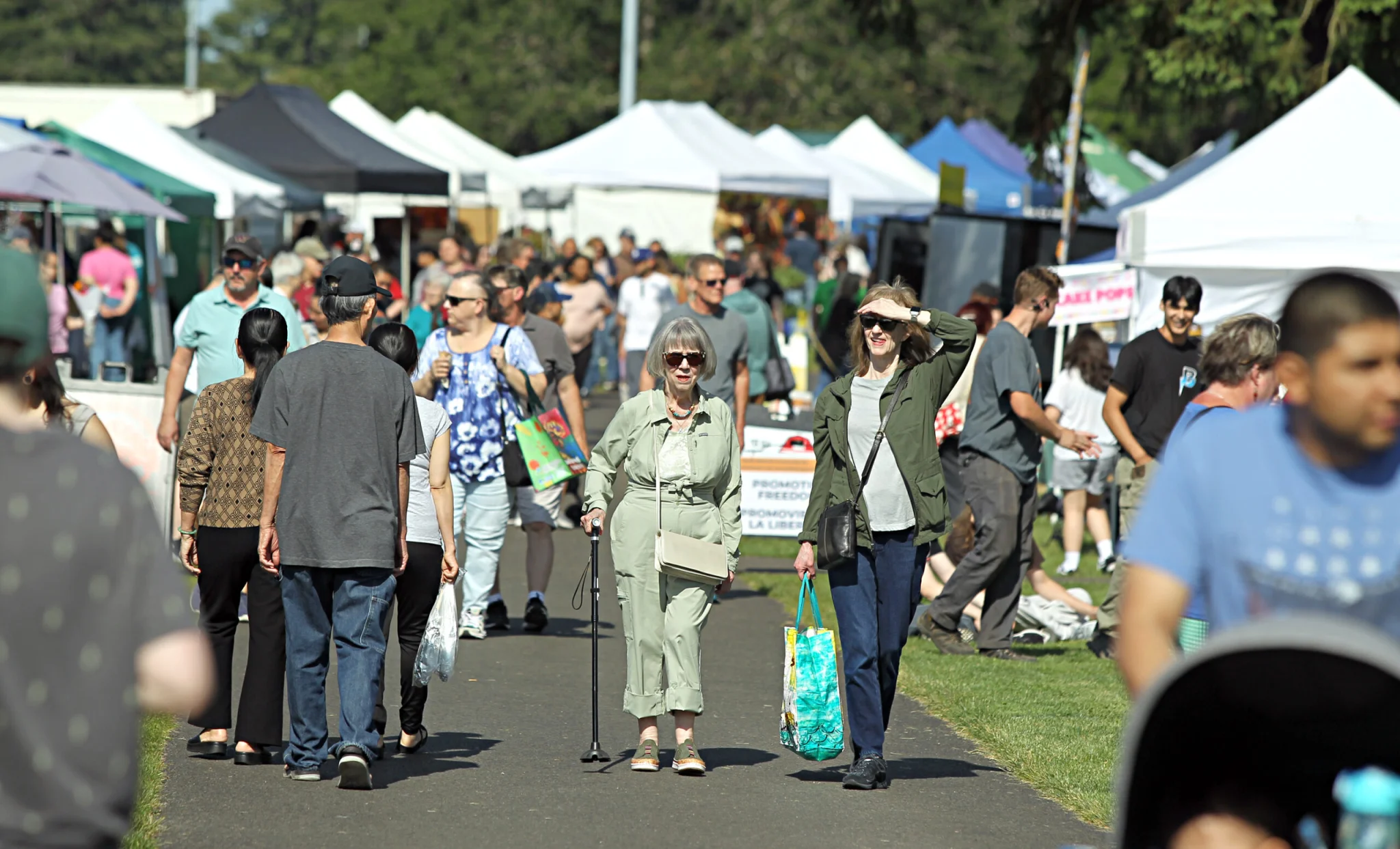 Two older women walk through a Farmers Market on a nice day.